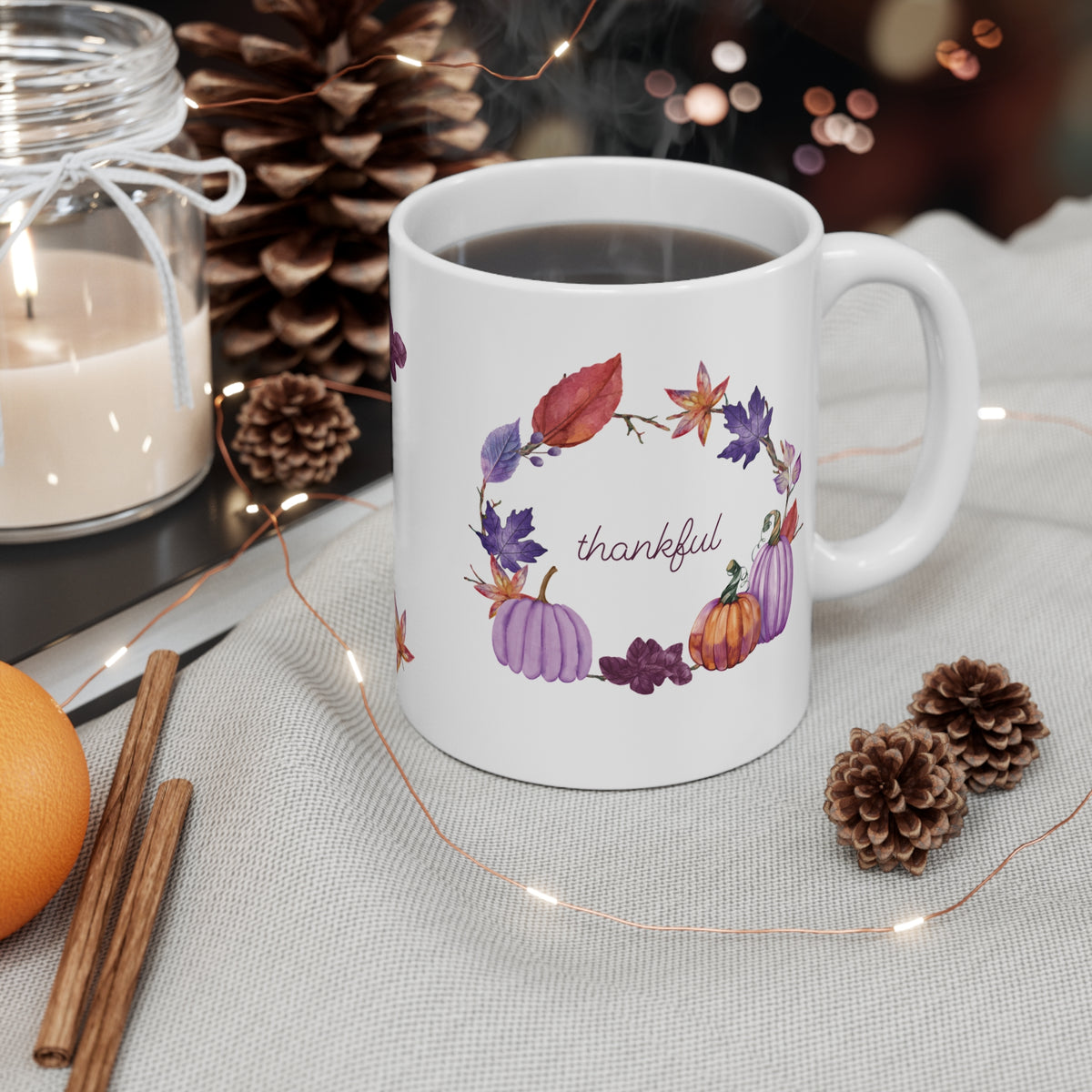Thankful Autumn Leaves Mug | Purple Pumpkin Fall Coffee Mug