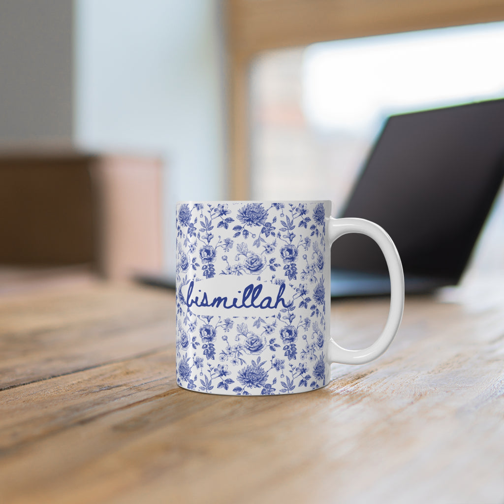 Bismillah Floral Mug | Islamic Aesthetic Mug | Muslim Gift for Her | Handmade Ceramic Blue
