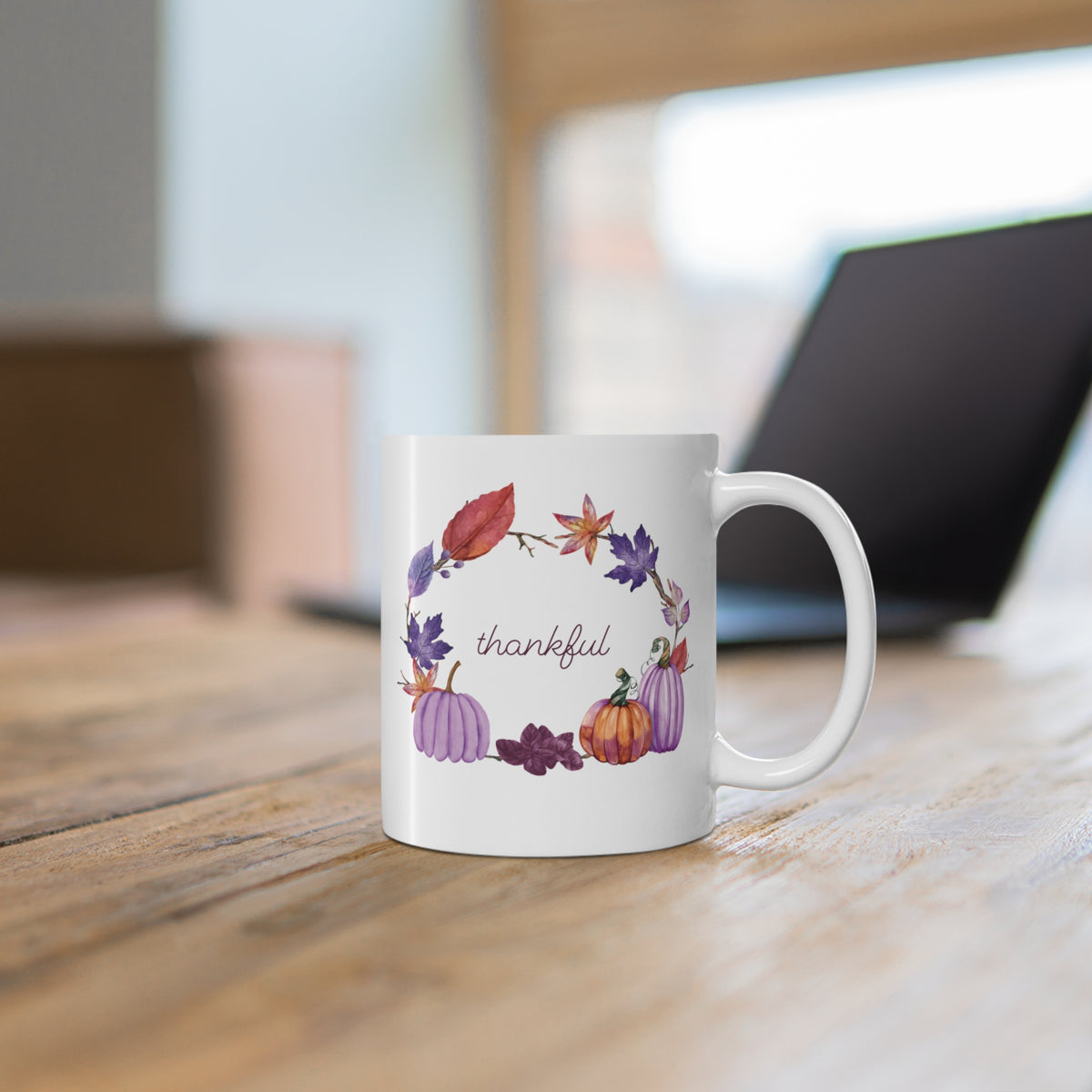 Thankful Autumn Leaves Mug | Purple Pumpkin Fall Coffee Mug