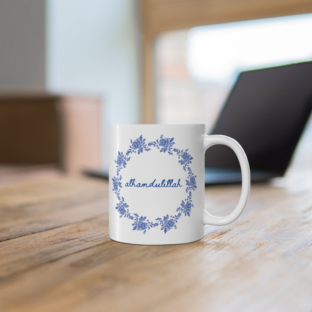 Alhamdulillah Mug Blue | Islamic Floral Mug | Muslim Gift for Her | Handmade Ceramic Mug