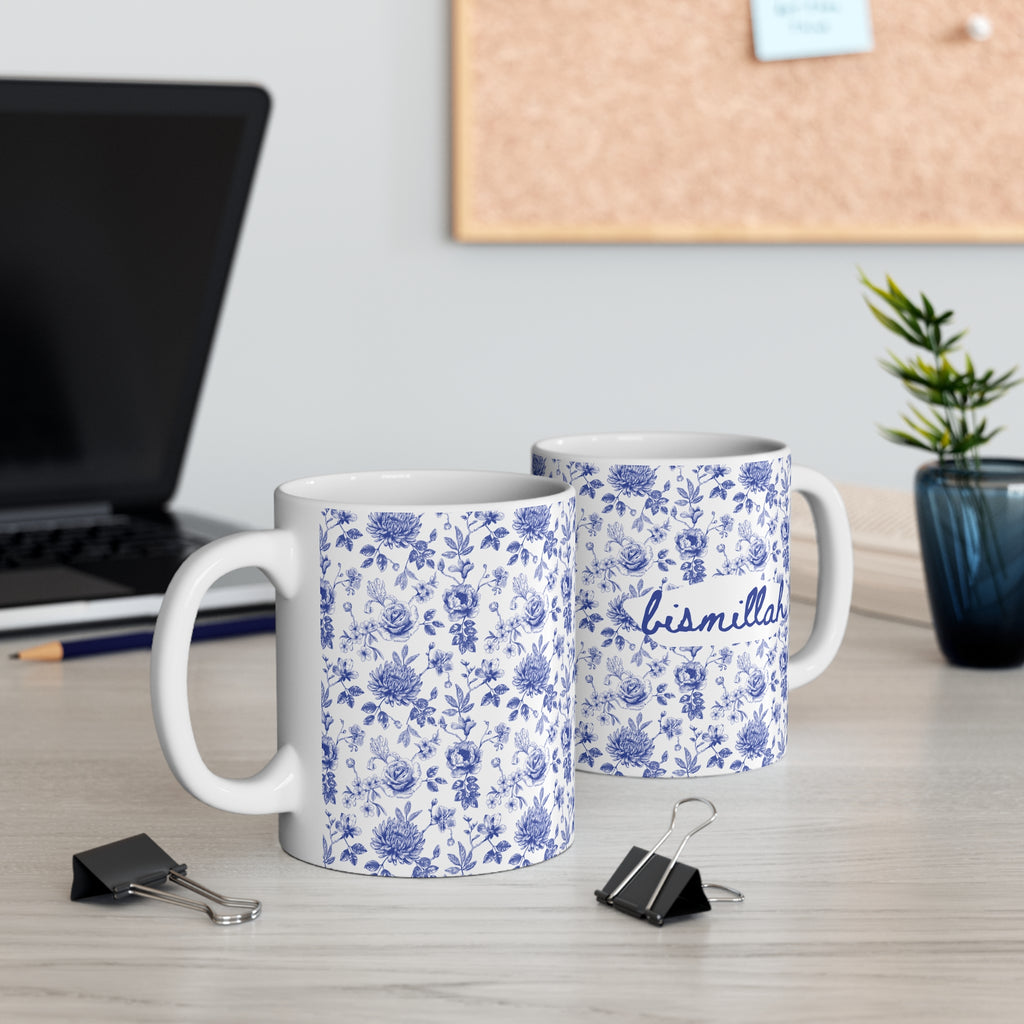 Bismillah Floral Mug | Islamic Aesthetic Mug | Muslim Gift for Her | Ceramic Blue