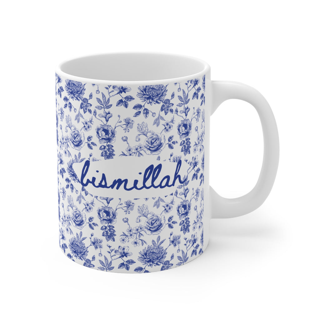 Bismillah Floral Mug | Islamic Aesthetic Mug | Muslim Gift for Her | Ceramic Blue