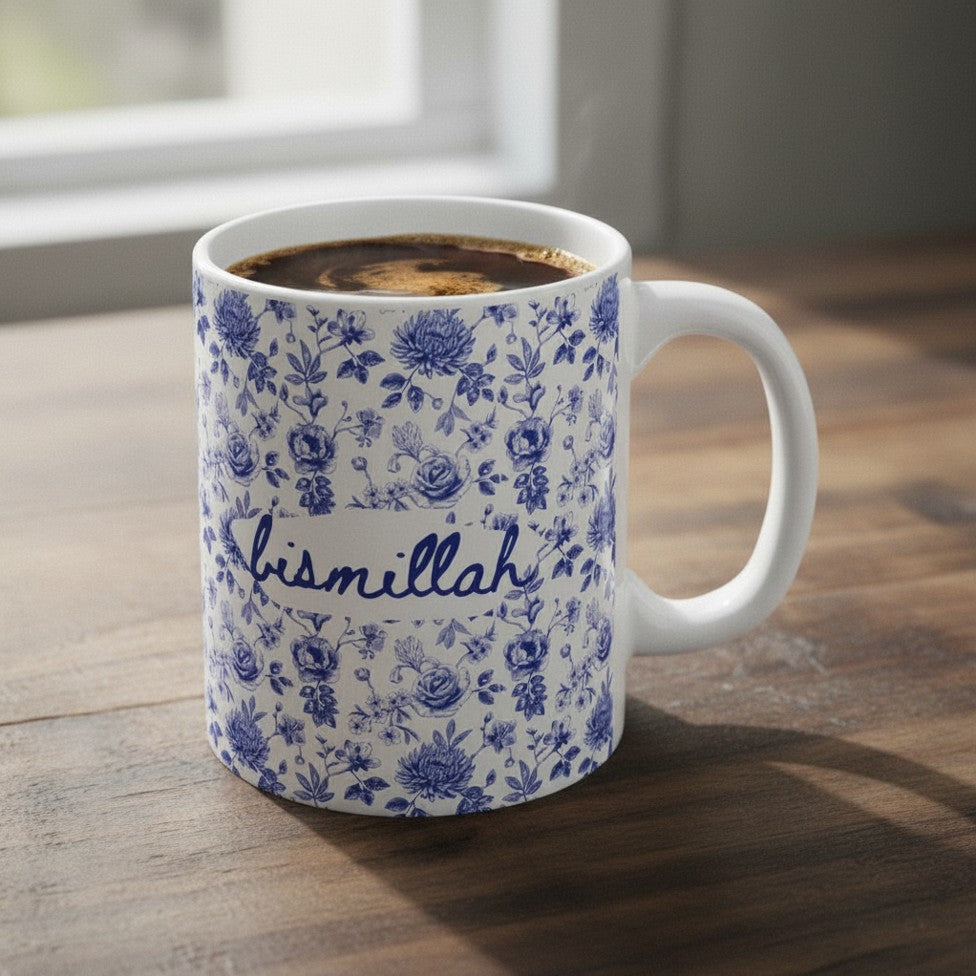 Bismillah Floral Mug | Islamic Aesthetic Mug | Muslim Gift for Her | Handmade Ceramic Blue